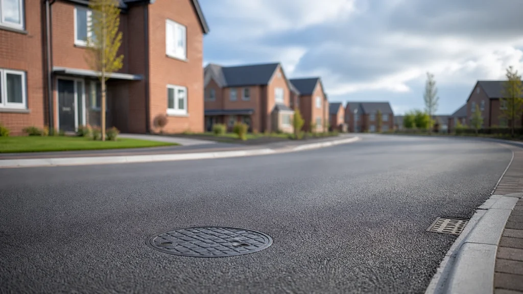 Clean new development road with a manhole cover and drainage channel.