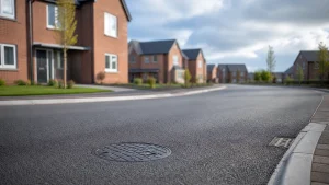 Clean new development road with a manhole cover and drainage channel.