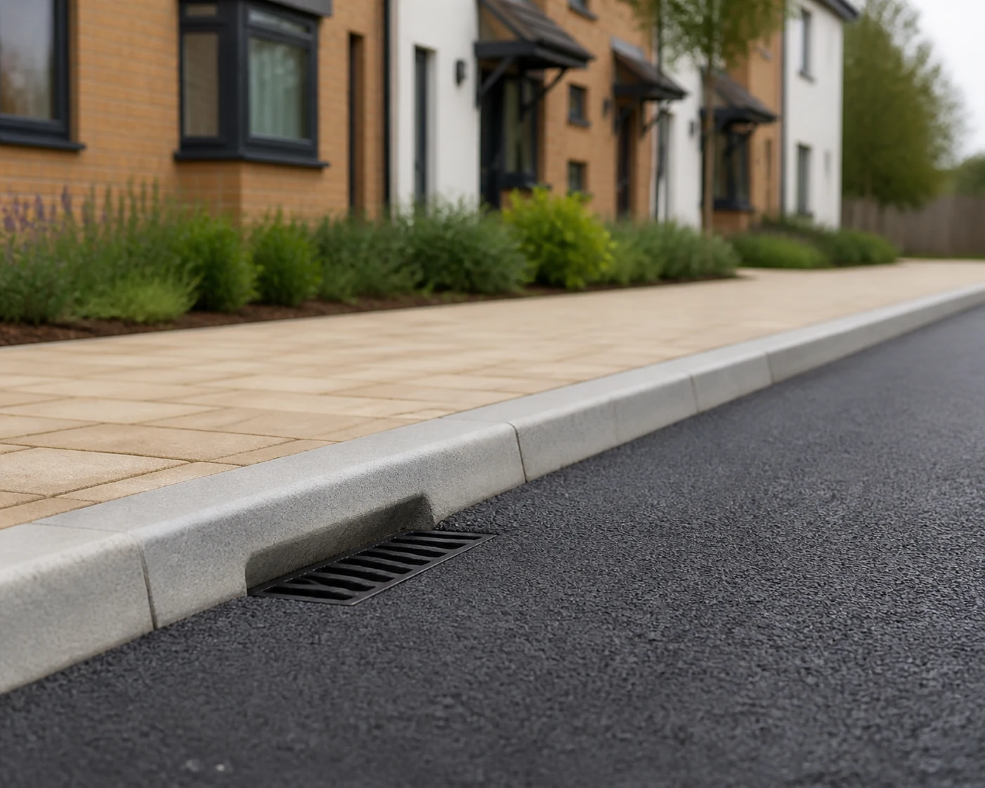 Tidy finished kerb and drainage gully on a new development road.